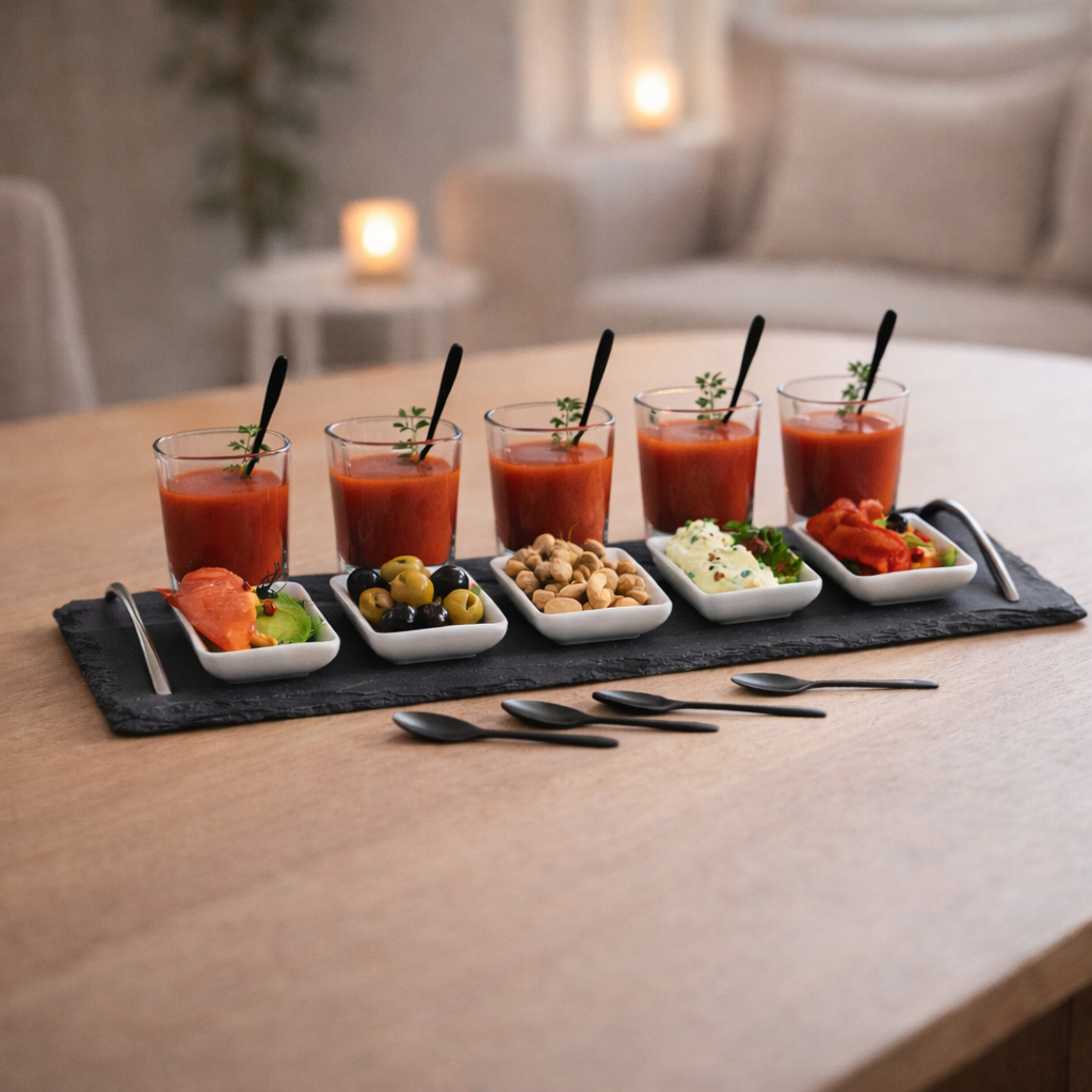 Tapas set met amuse hapjes gepresenteerd op leisteen plank