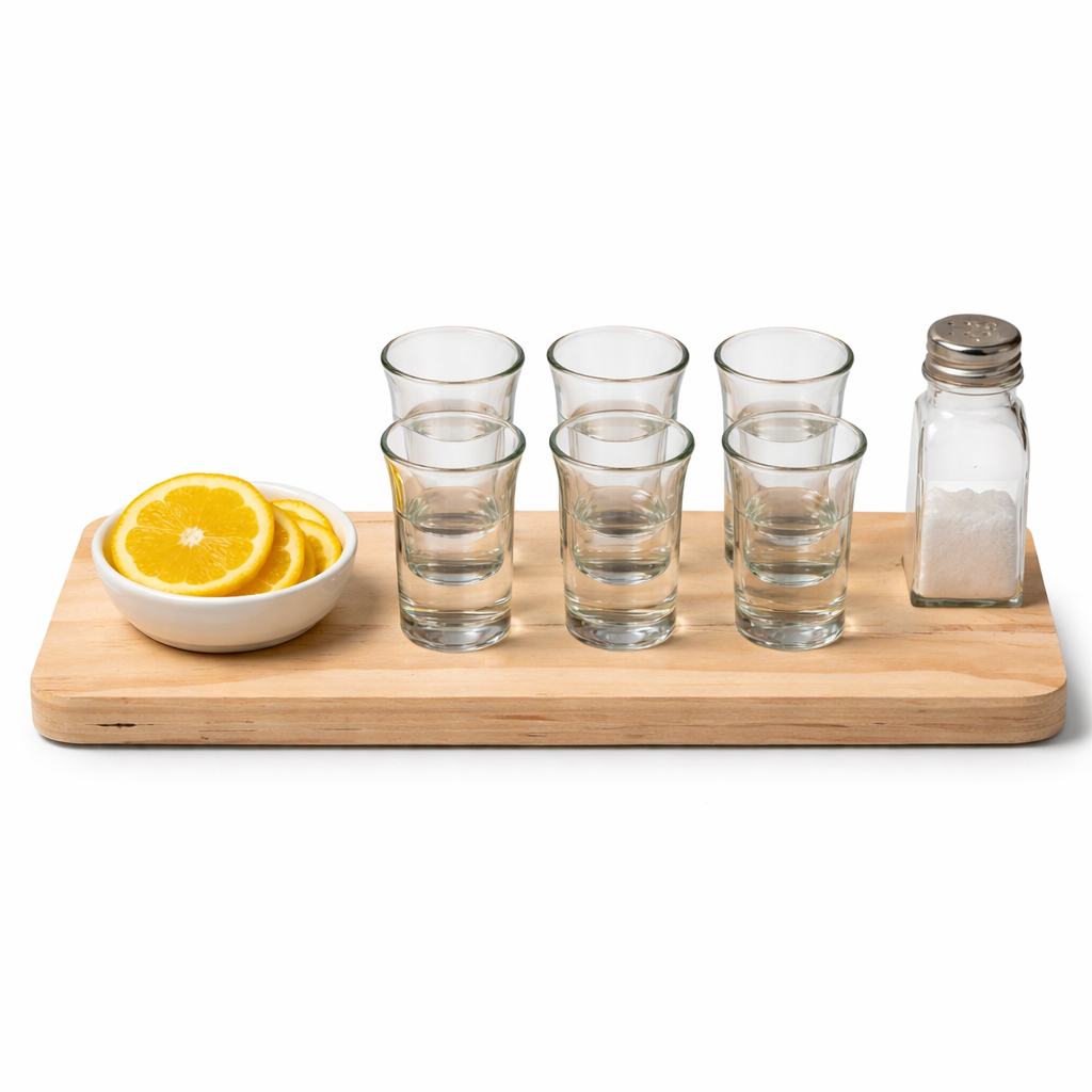 Tequila shot set met houten serveerplank en 6 glaasjes – De Plusser