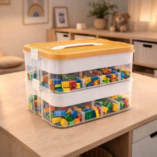Transparante opbergbox voor bouwsteentjes in moderne kinderkamer