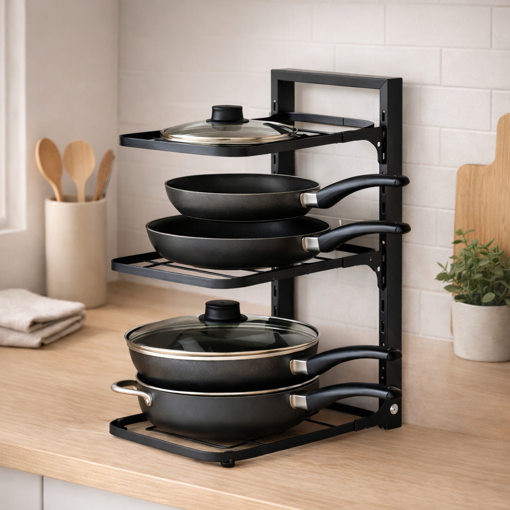 Verstelbaar zwart pannenrek met pannen in keukenkast