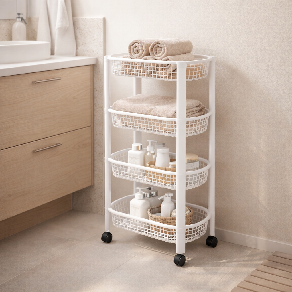 Witte keukentrolley als opbergoplossing in badkamer