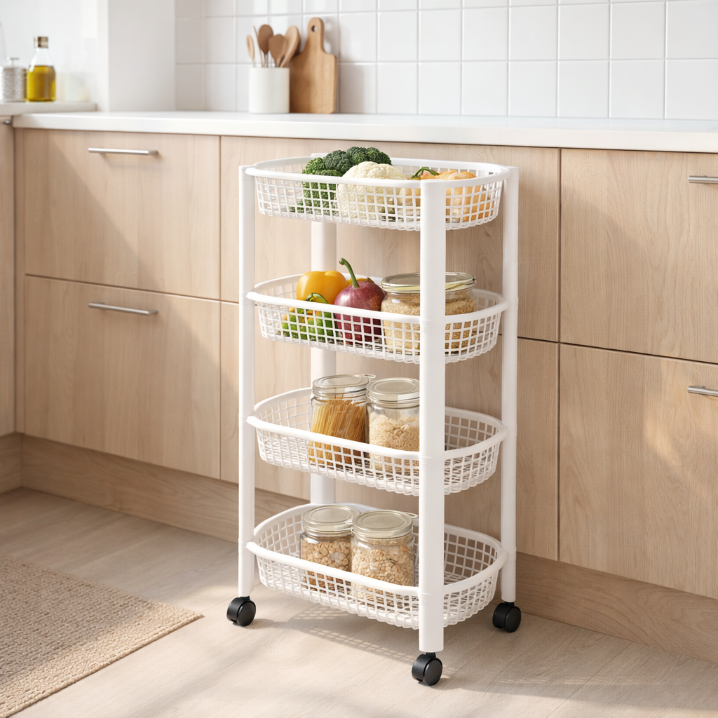 Witte verrijdbare keukentrolley in moderne keuken