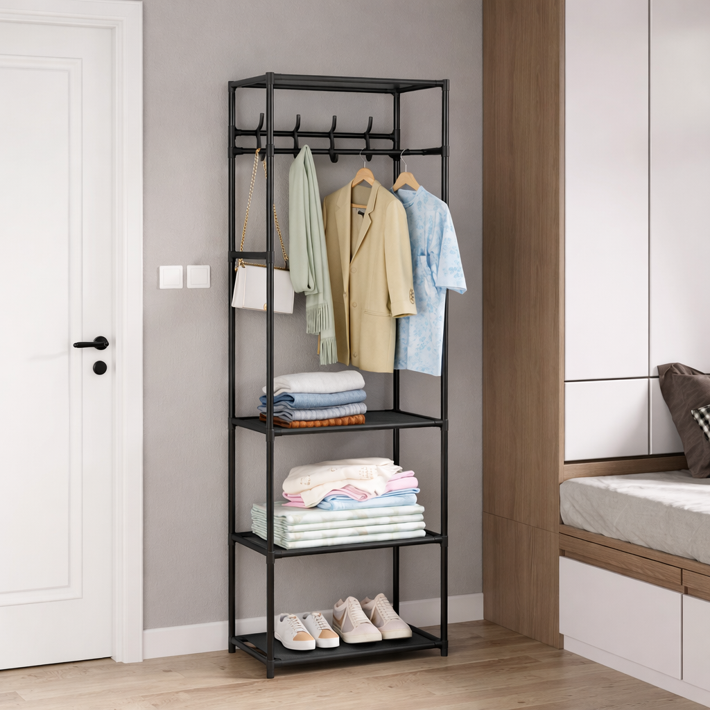 Zwart kledingrek met 3 planken gebruikt in moderne slaapkamer met netjes opgehangen kleding en gevouwen items