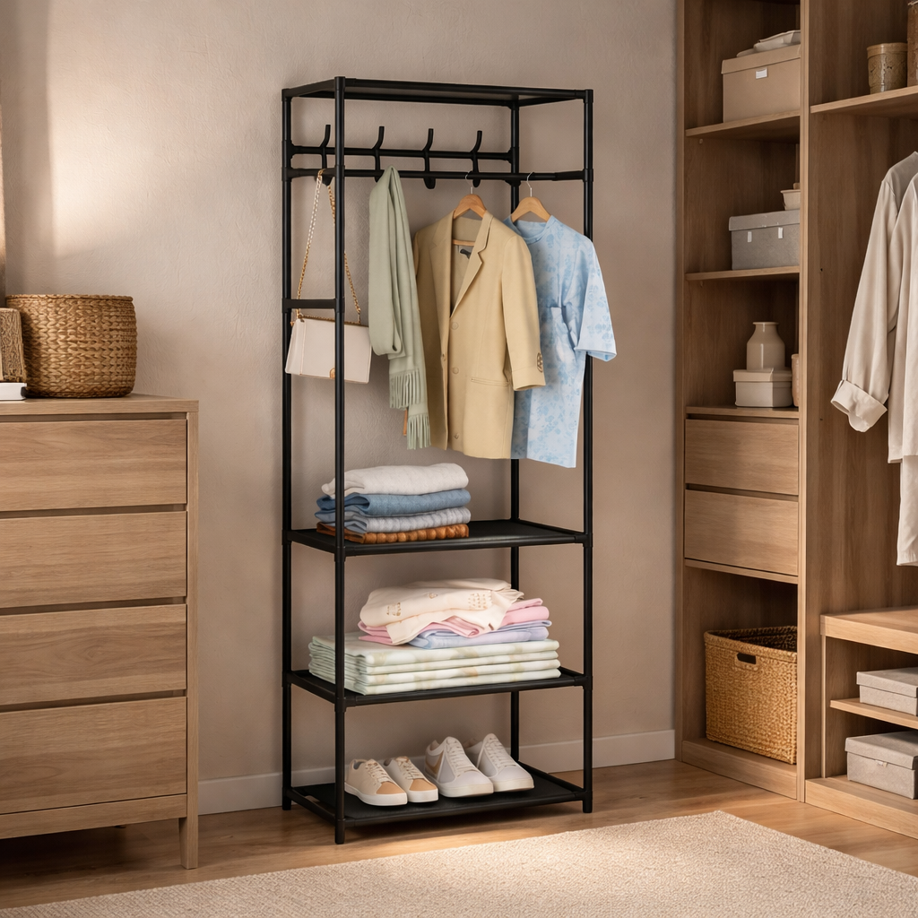 Zwart kledingrek met 3 legplankjes in minimalistische inloopkast met overzichtelijk georganiseerde kleding