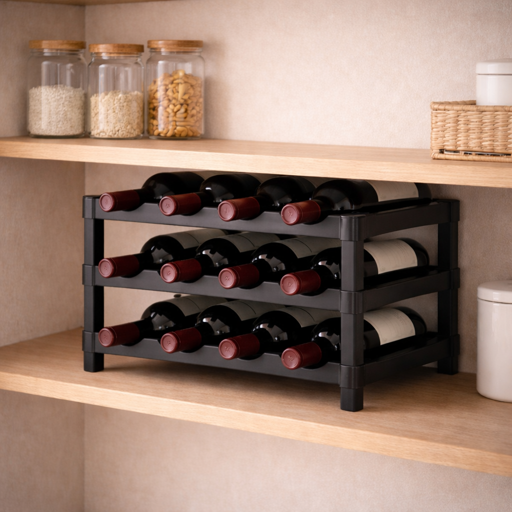Zwart kunststof wijnrek met 12 flessen op houten plank