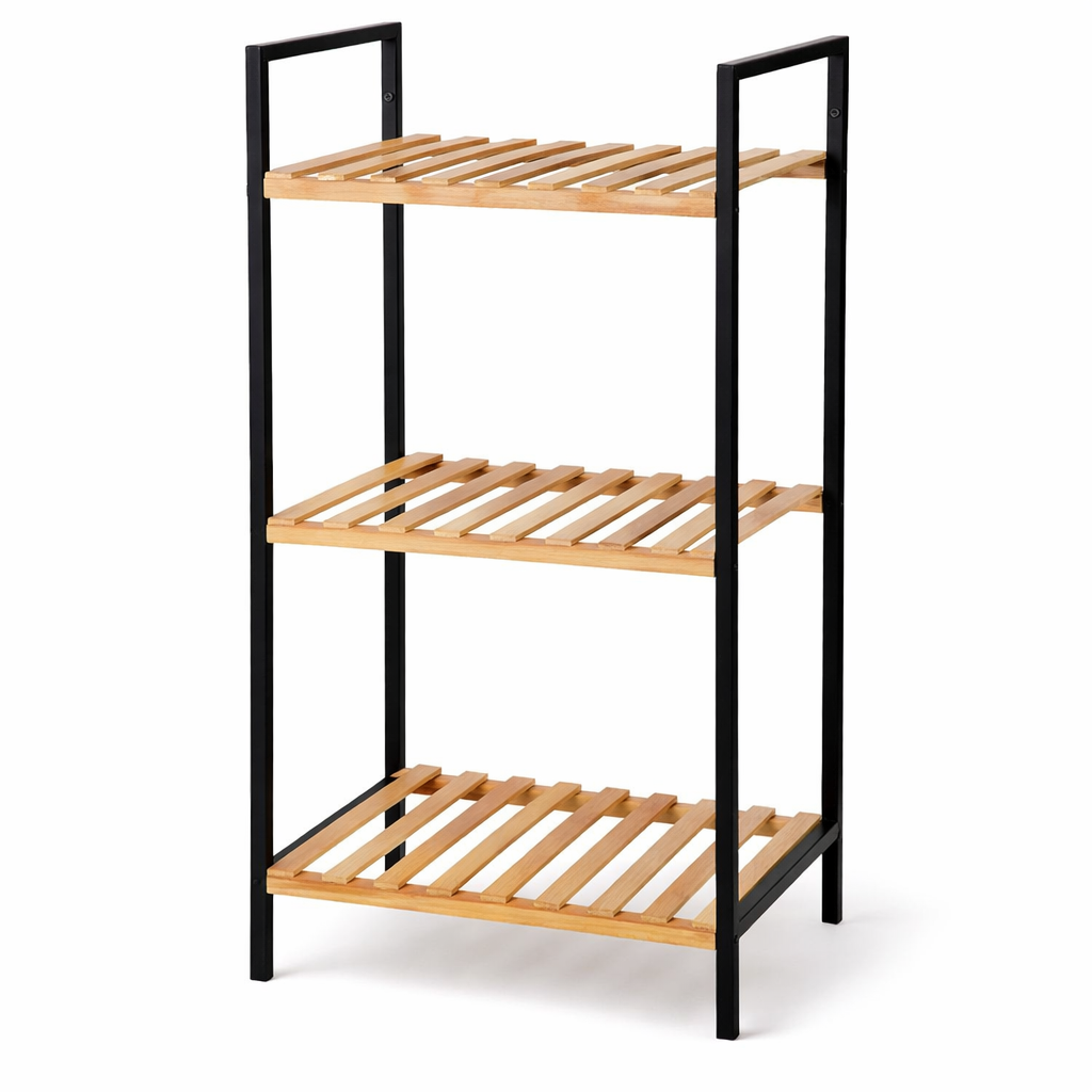 Zwart metalen badkamerrek met 3 bamboe legplanken 38x32.5x70 cm – minimalistisch handdoekenrek met FSC hout
