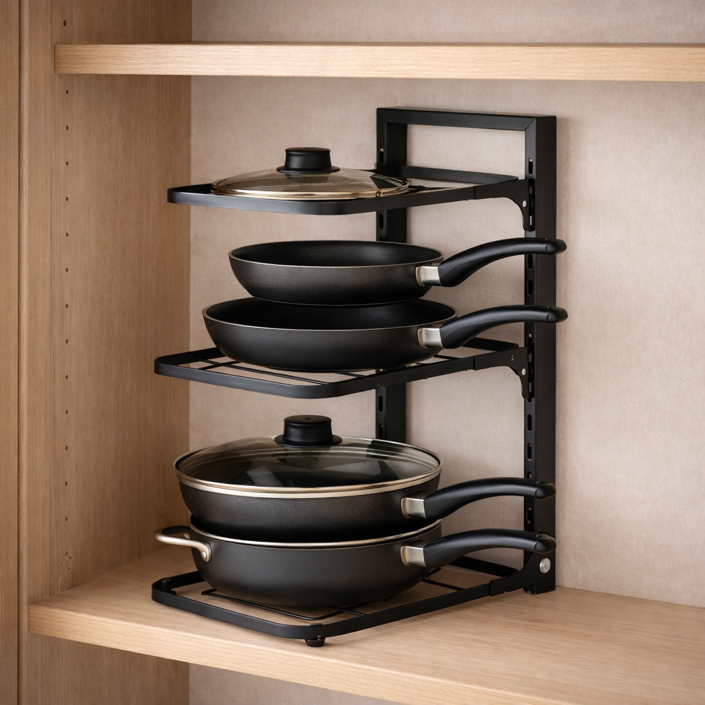 Zwart verstelbaar pannenrek op licht houten aanrecht