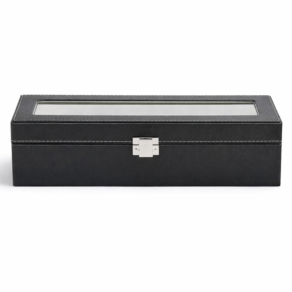 Zwarte horlogebox voor 6 horloges met transparant venster en clipsluiting