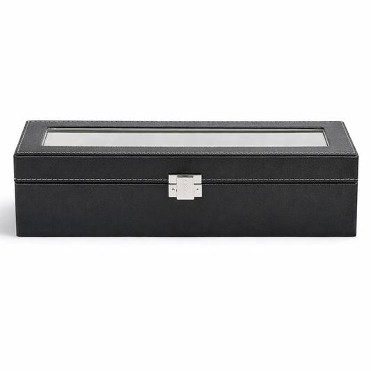 Zwarte horlogebox voor 6 horloges met transparant venster en clipsluiting