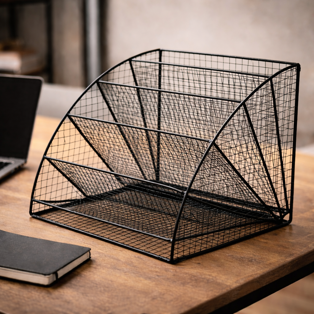 Zwarte metalen bureauorganiser met 6 vakken op houten bureau | De Plusser