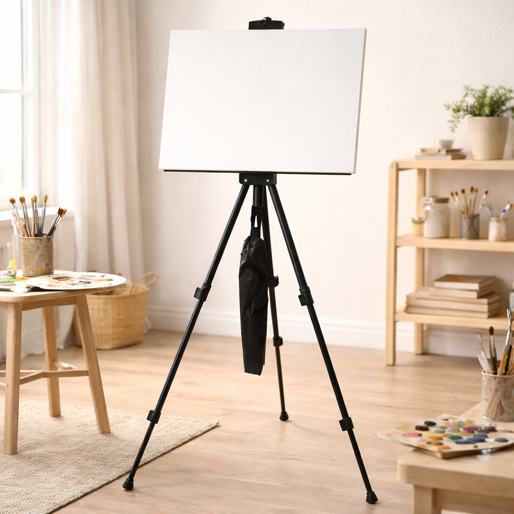 Zwarte schildersezel met canvas in creatieve ruimte