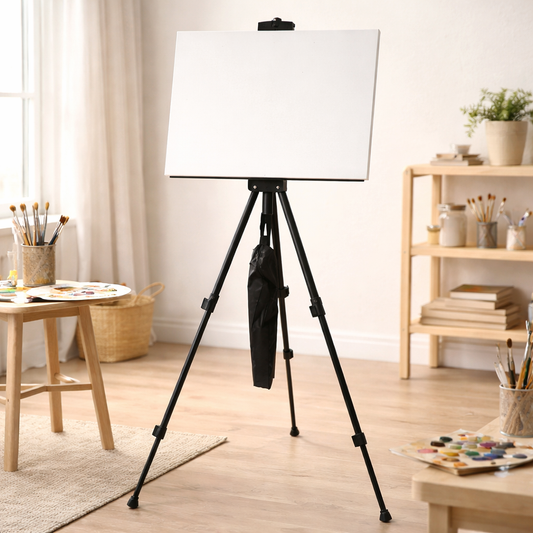 Zwarte schildersezel met canvas in creatieve ruimte