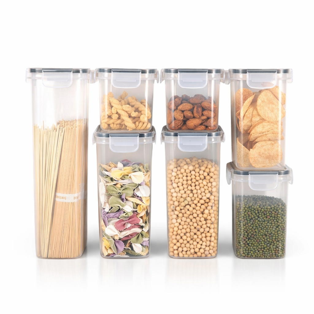 bewaardozen set van 7 luchtdichte voorraaddozen met transparante wanden en grijze deksels, volledig zichtbaar tegen witte achtergrond.