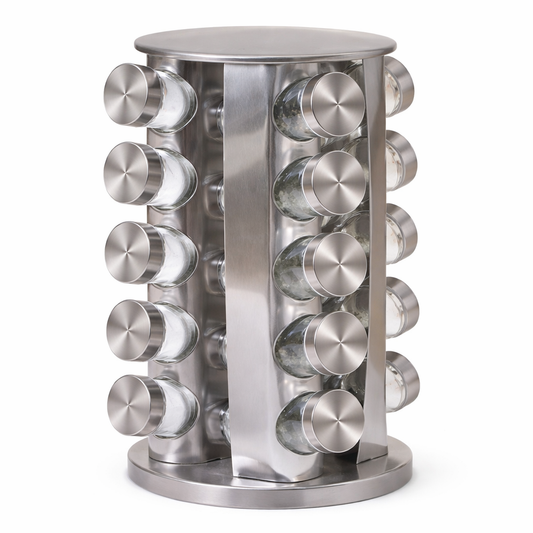 draaibaar kruidenrek RVS met 20 glazen kruidenpotjes 360 graden carrousel zilver