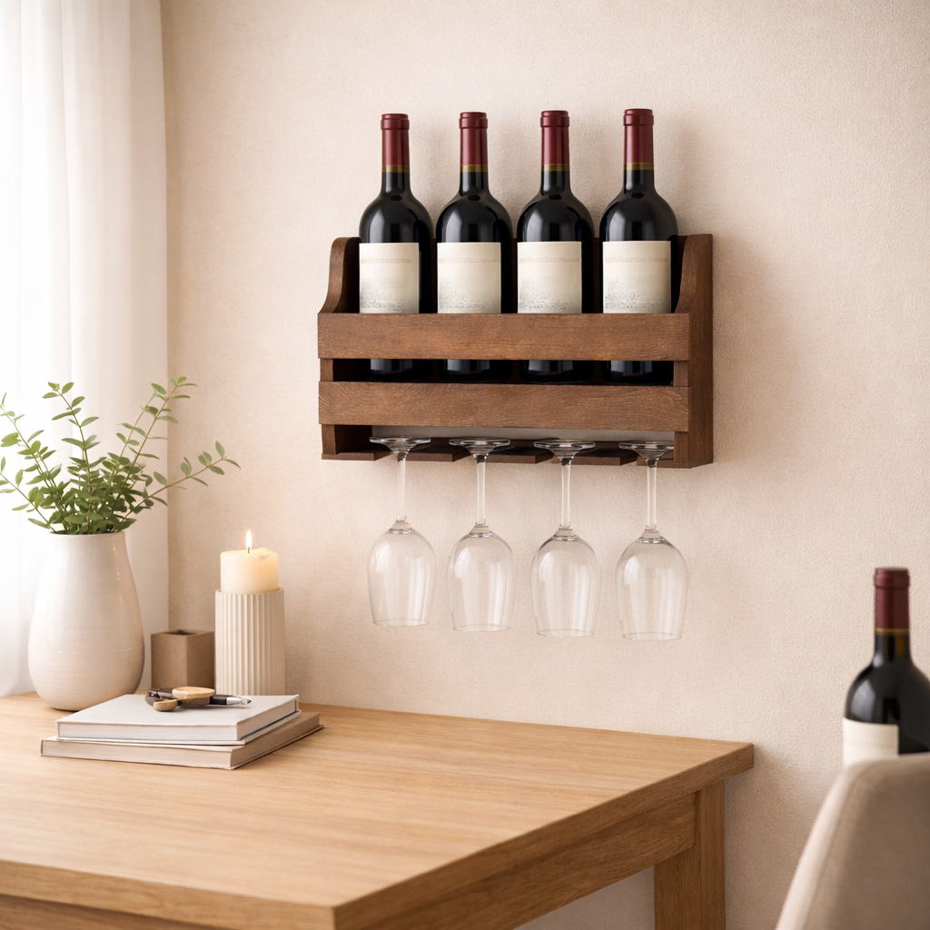 houten wijnrek in Scandinavische wijnhoek setting