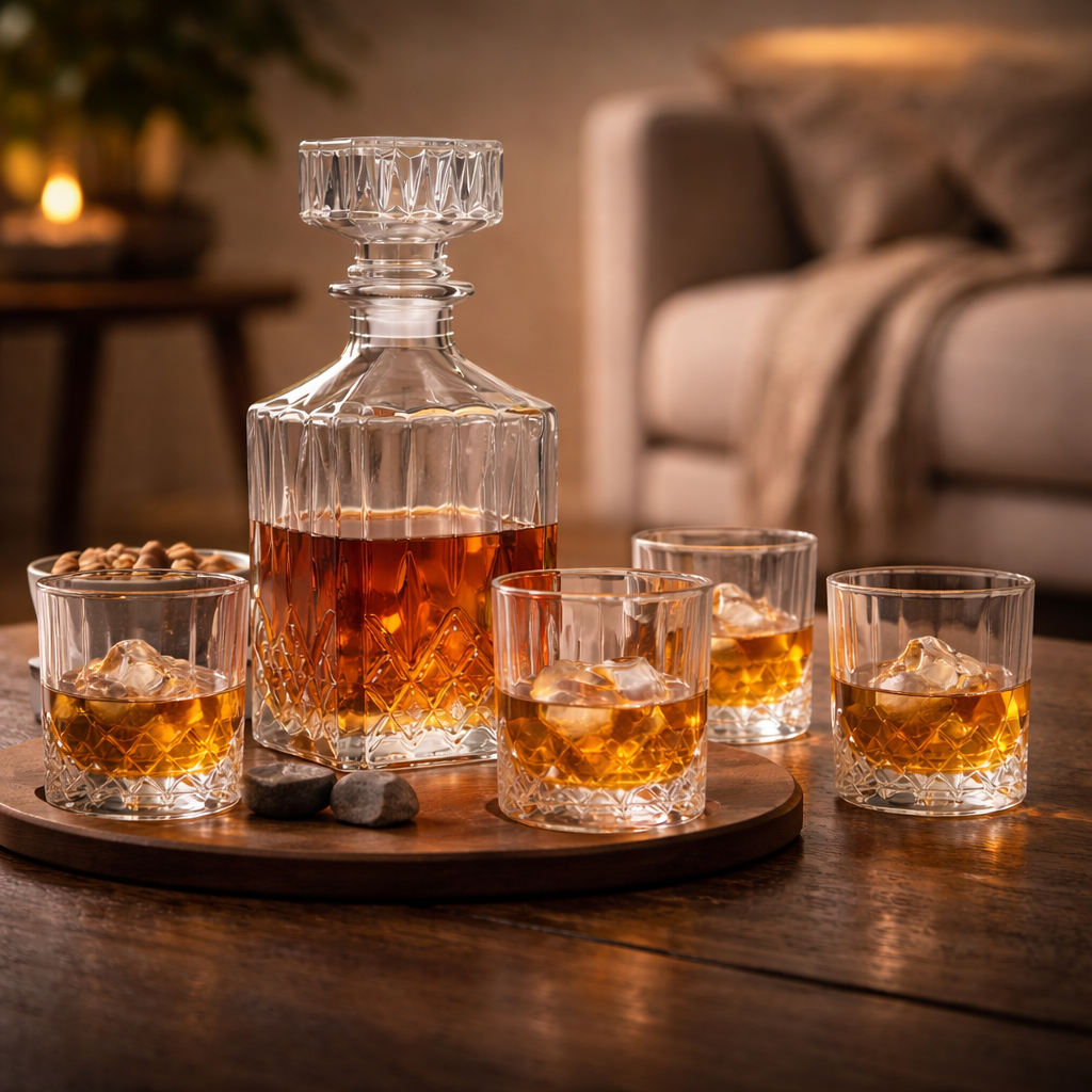 Glazen karaf met dop inclusief 4 whiskeyglazen